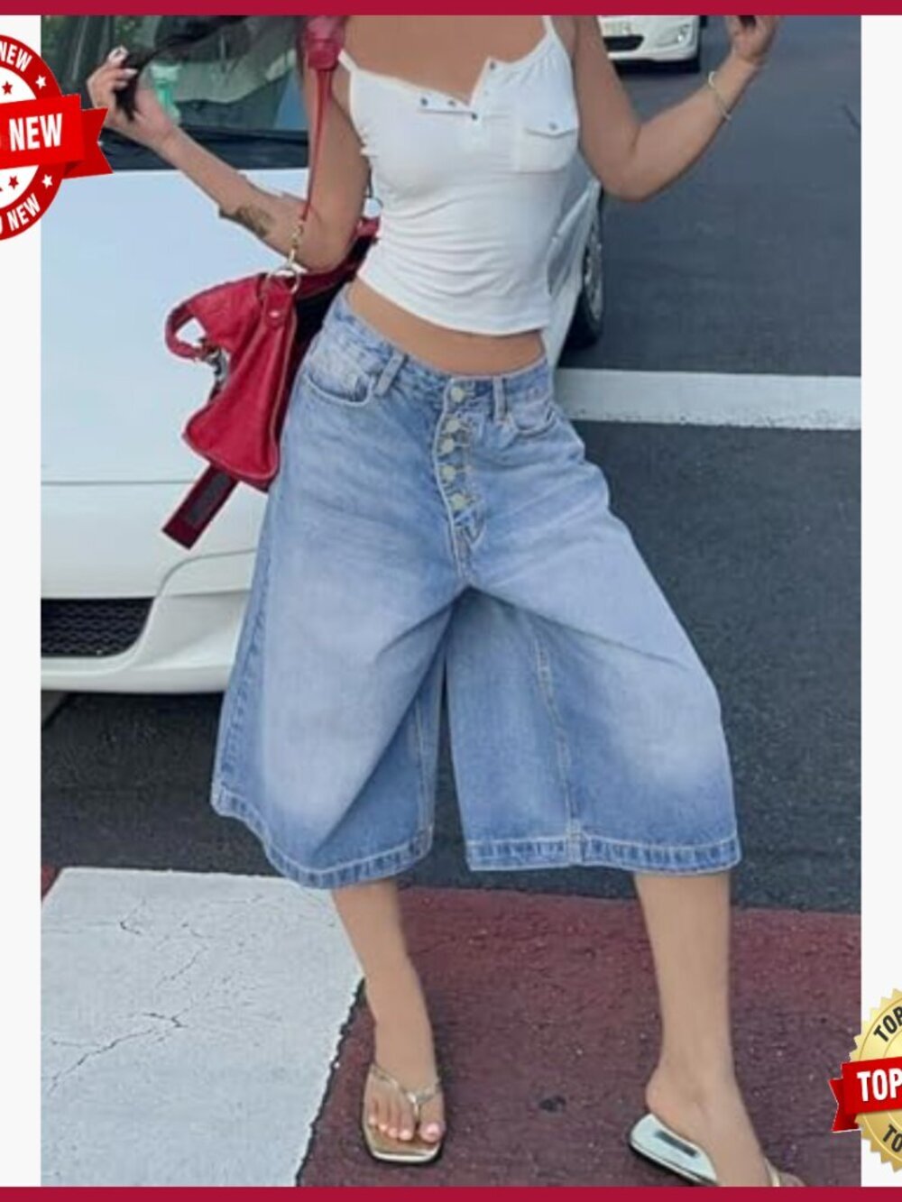 Baggy Wide Leg Cargo Jeans High Waist Capri Denim Bermuda Jorts Plus Size Y2k - Picture 3 of 5
